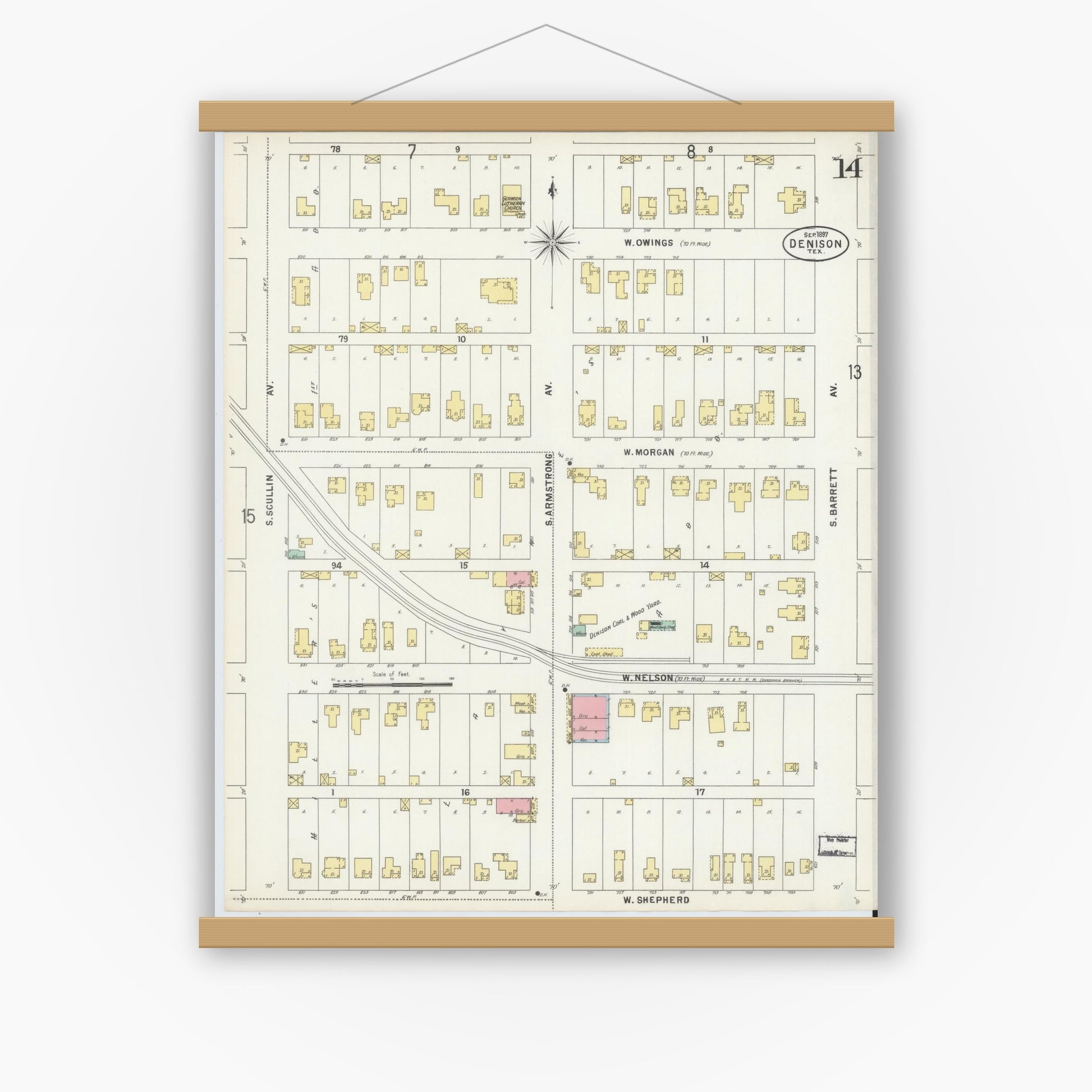 Old map wall art mockup — magnetic wood frame on white wall — Sanborn Fire Insurance Map from Denison, Grayson County, Texas (1897), Sheet #0014