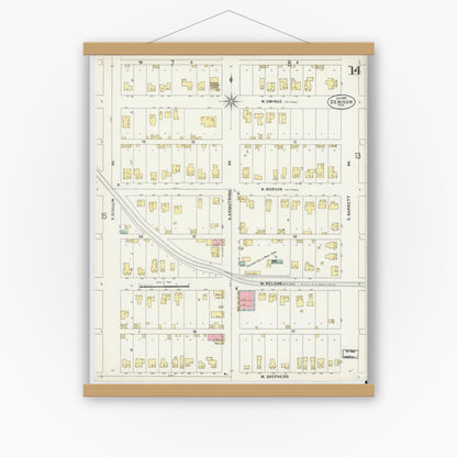 Old map wall art mockup — magnetic wood frame on white wall — Sanborn Fire Insurance Map from Denison, Grayson County, Texas (1897), Sheet #0014