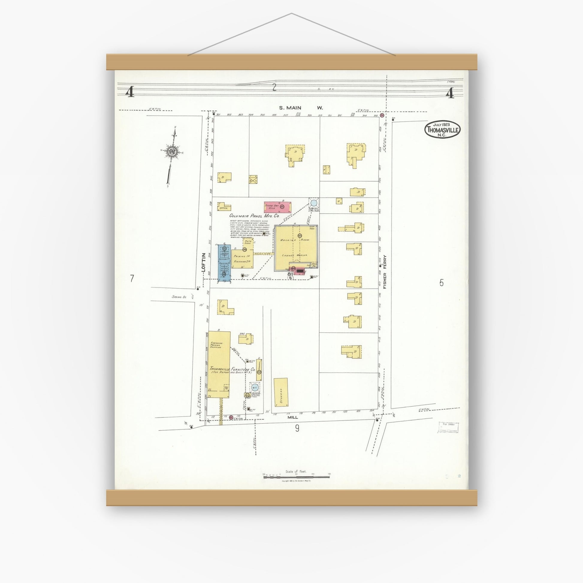 Old map wall art mockup — magnetic wood frame on white wall — Sanborn Fire Insurance Map from Thomasville, Davidson County, North Carolina (1923), Sheet #0004