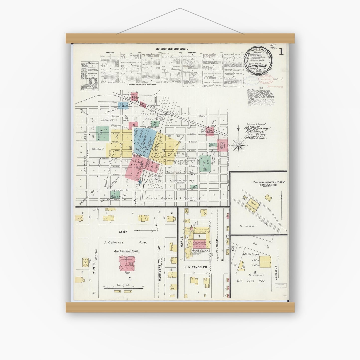 Old map wall art mockup — magnetic wood frame on white wall — Sanborn Fire Insurance Map from Champaign, Champaign County, Illinois (1897), Sheet #0001