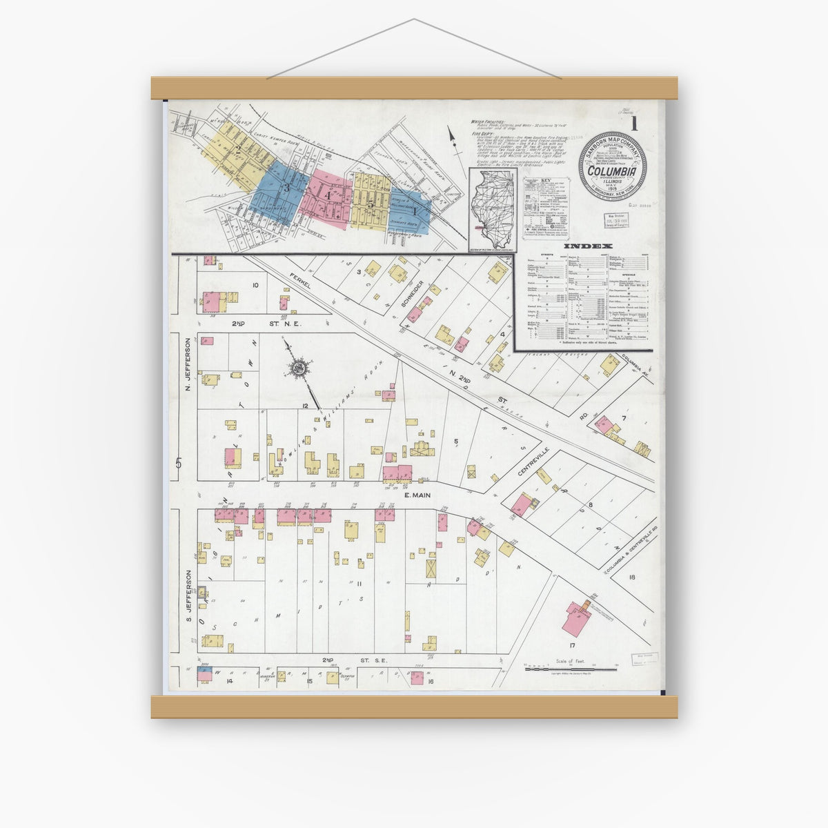 Old map wall art mockup — magnetic wood frame on white wall — Sanborn Fire Insurance Map from Columbia, Monroe County, Illinois (1919), Sheet #0001