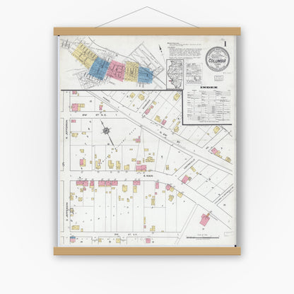 Old map wall art mockup — magnetic wood frame on white wall — Sanborn Fire Insurance Map from Columbia, Monroe County, Illinois (1919), Sheet #0001