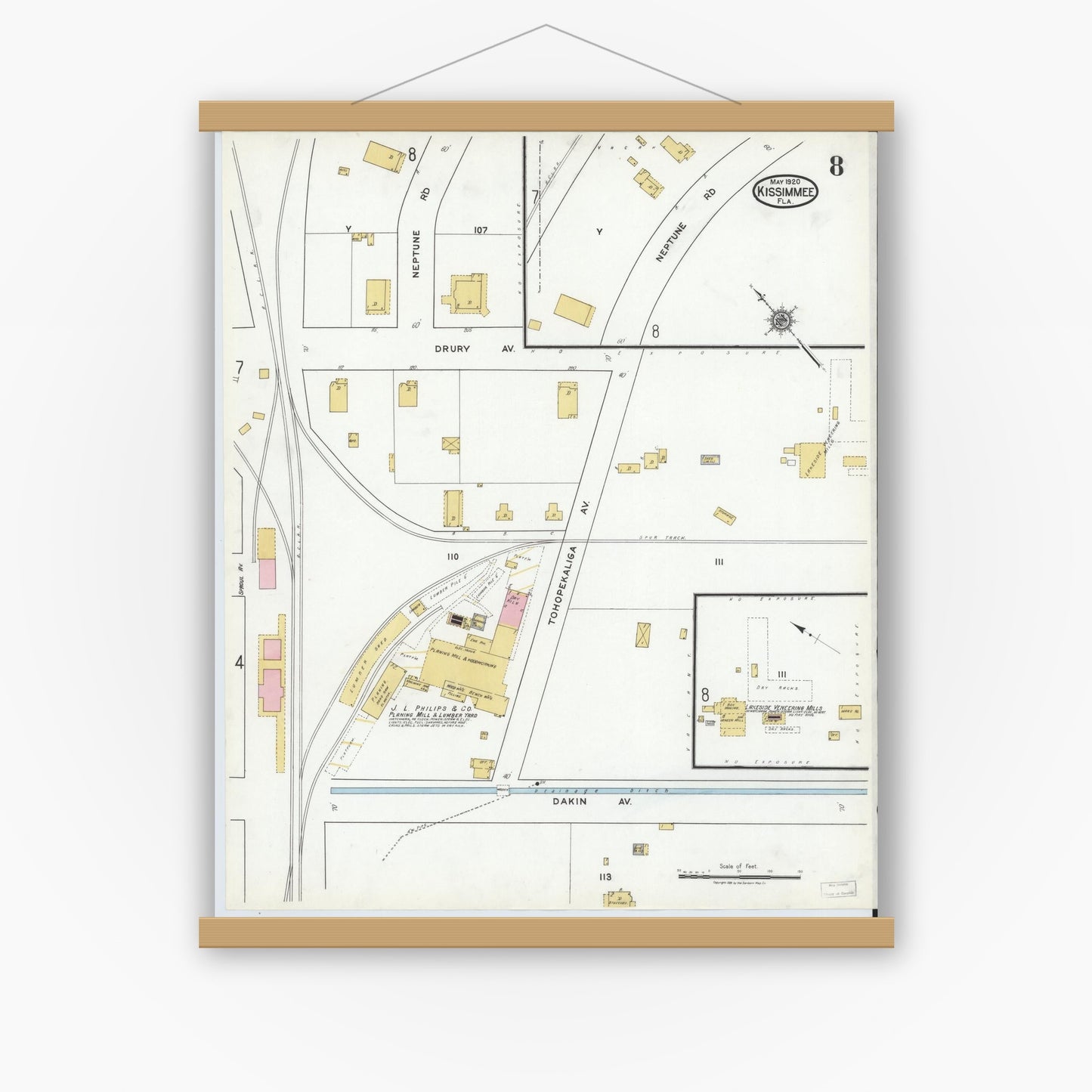 Old map wall art mockup — magnetic wood frame on white wall — Sanborn Fire Insurance Map from Kissimmee, Osceola County, Florida (1920), Sheet #0008