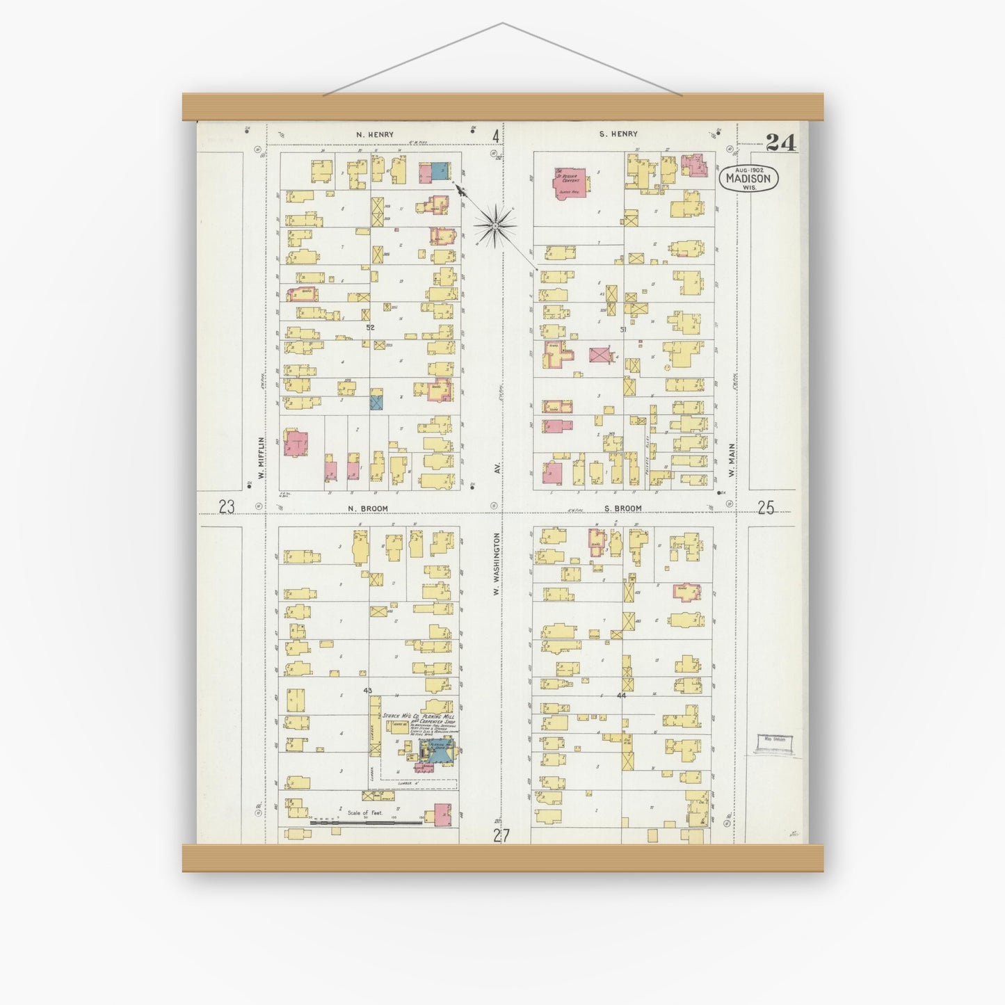 Old map wall art mockup — magnetic wood frame on white wall — Sanborn Fire Insurance Map from Madison, Dane County, Wisconsin (1902), Sheet #0024