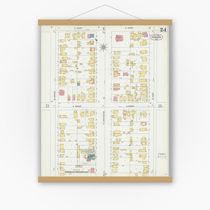 Old map wall art mockup — magnetic wood frame on white wall — Sanborn Fire Insurance Map from Madison, Dane County, Wisconsin (1902), Sheet #0024