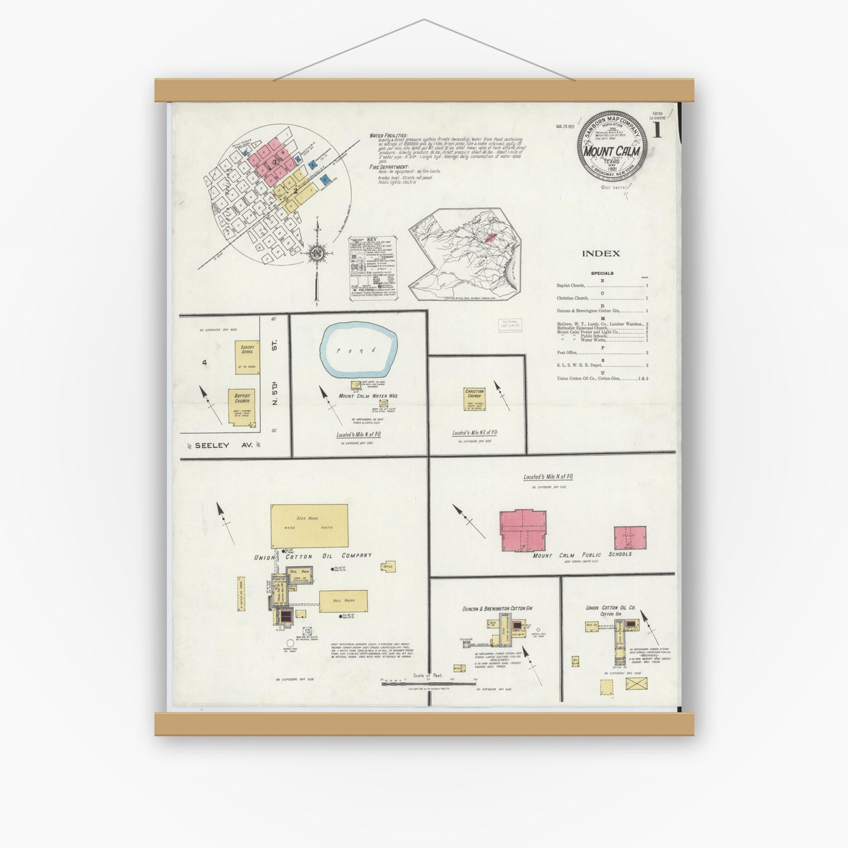 Old map wall art mockup — magnetic wood frame on white wall — Sanborn Fire Insurance Map from Mount Calm, Hill County, Texas (1921) - Complete Map Set