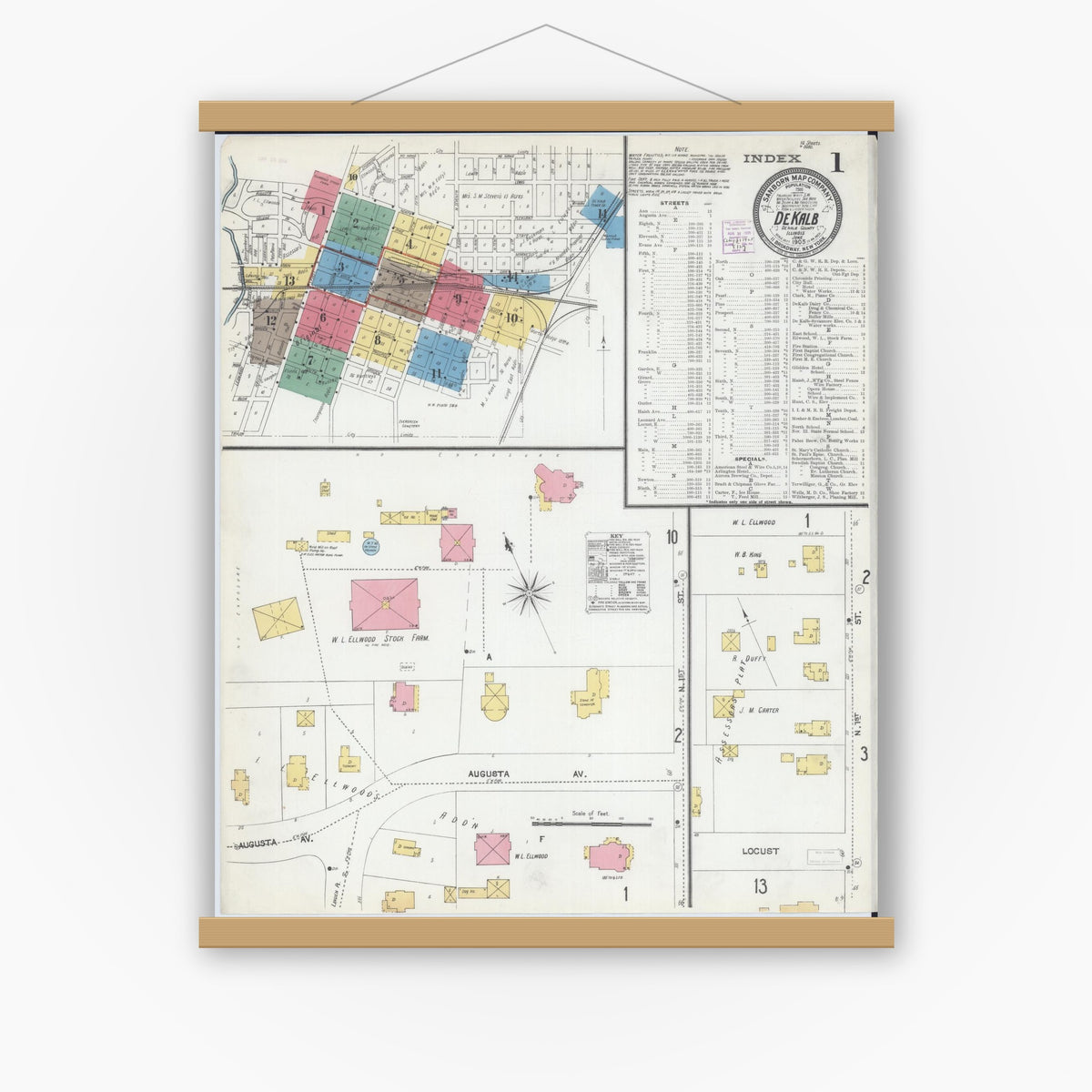 Old map wall art mockup — magnetic wood frame on white wall — Sanborn Fire Insurance Map from De Kalb, De Kalb County, Illinois (1905) - Complete Map Set
