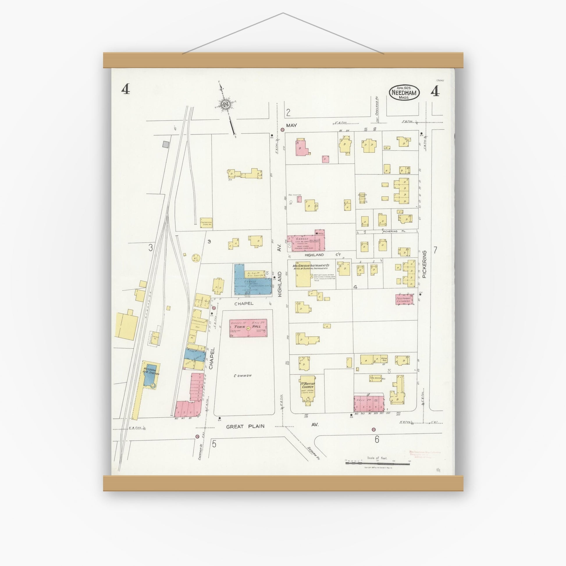 Old map wall art mockup — magnetic wood frame on white wall — Sanborn Fire Insurance Map from Needham, Norfolk County, Massachusetts (1926), Sheet #0004