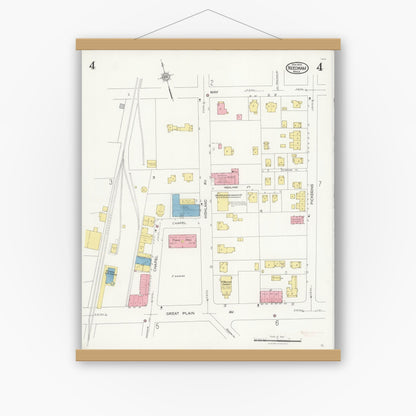 Old map wall art mockup — magnetic wood frame on white wall — Sanborn Fire Insurance Map from Needham, Norfolk County, Massachusetts (1926), Sheet #0004