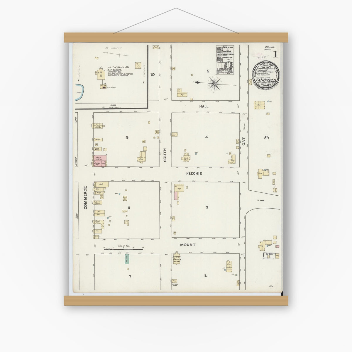 Old map wall art mockup — magnetic wood frame on white wall — Sanborn Fire Insurance Map from Fairfield, Freestone County, Texas (1891), Sheet #0001