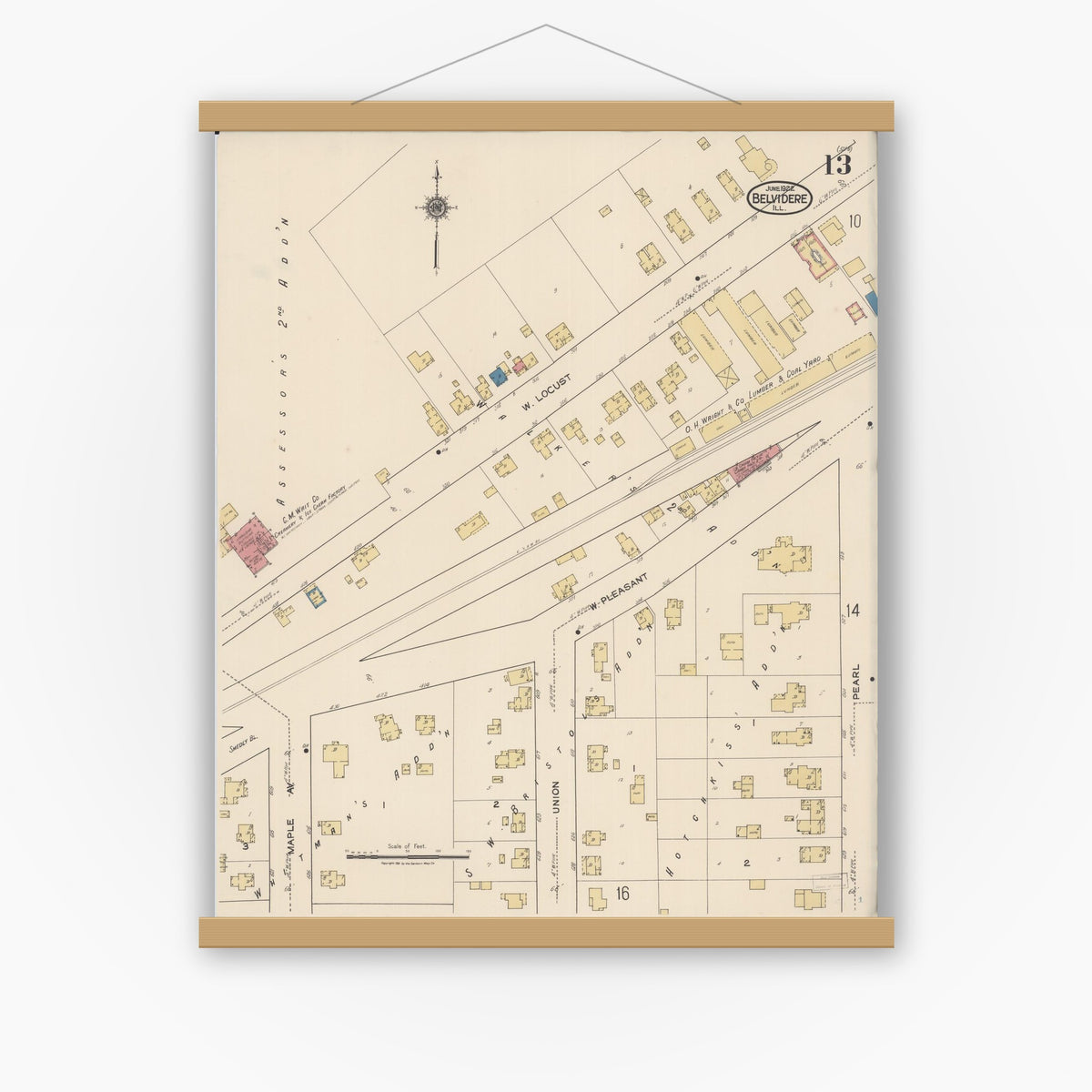 Old map wall art mockup — magnetic wood frame on white wall — Sanborn Fire Insurance Map from Belvidere, Boone County, Illinois (1922), Sheet #0013