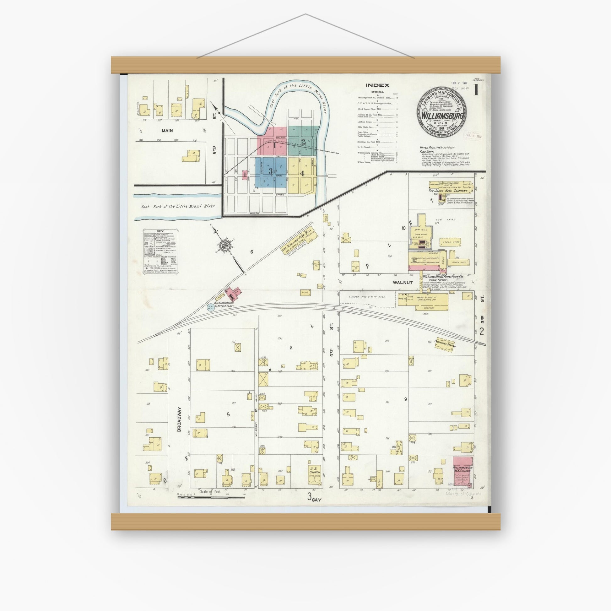 Old map wall art mockup — magnetic wood frame on white wall — Sanborn Fire Insurance Map from Williamsburg, Clermont County, Ohio (1911), Sheet #0001