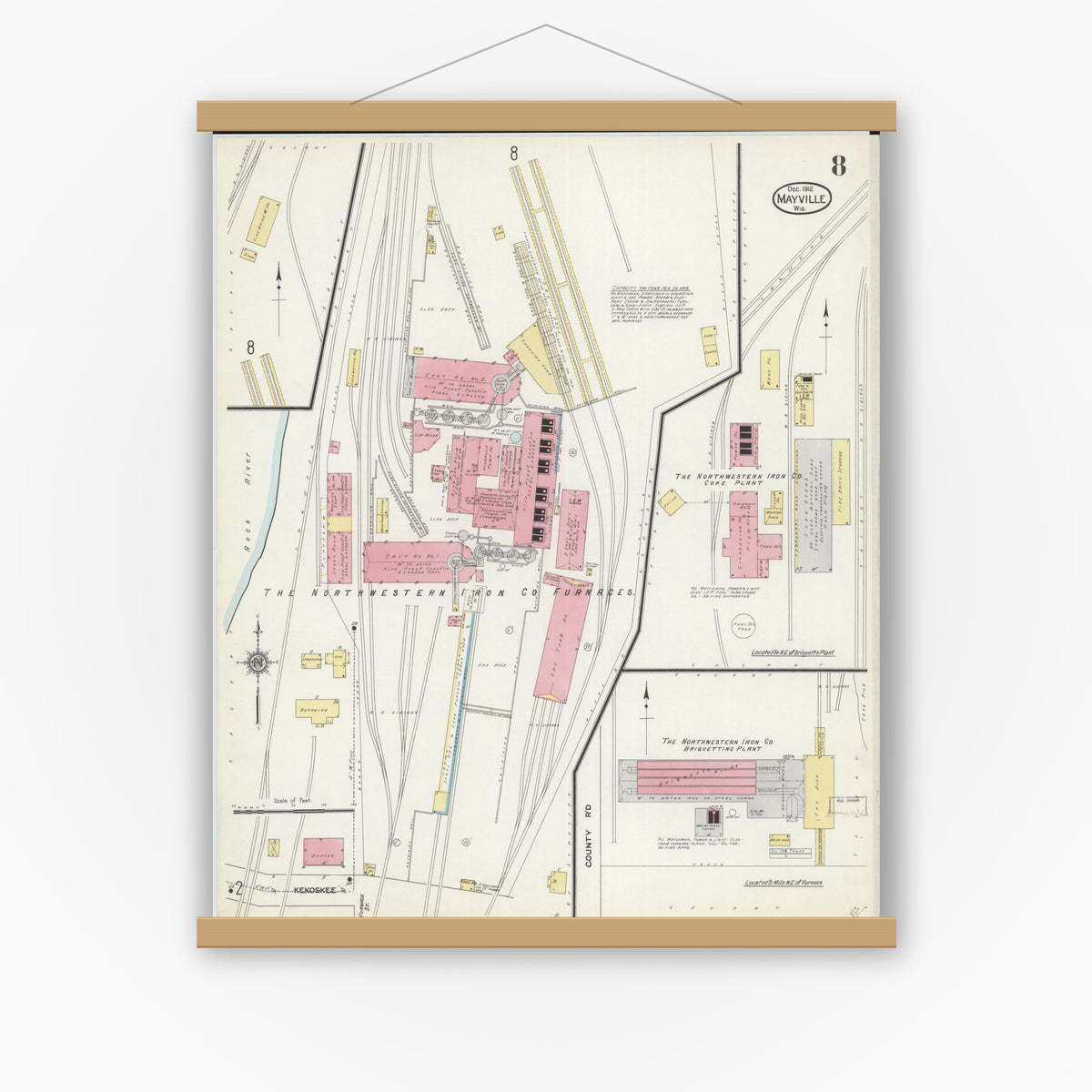 Old map wall art mockup — magnetic wood frame on white wall — Sanborn Fire Insurance Map from Mayville, Dodge County, Wisconsin (1912), Sheet #0008