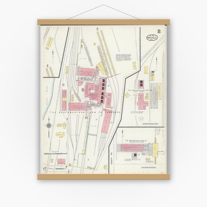 Old map wall art mockup — magnetic wood frame on white wall — Sanborn Fire Insurance Map from Mayville, Dodge County, Wisconsin (1912), Sheet #0008