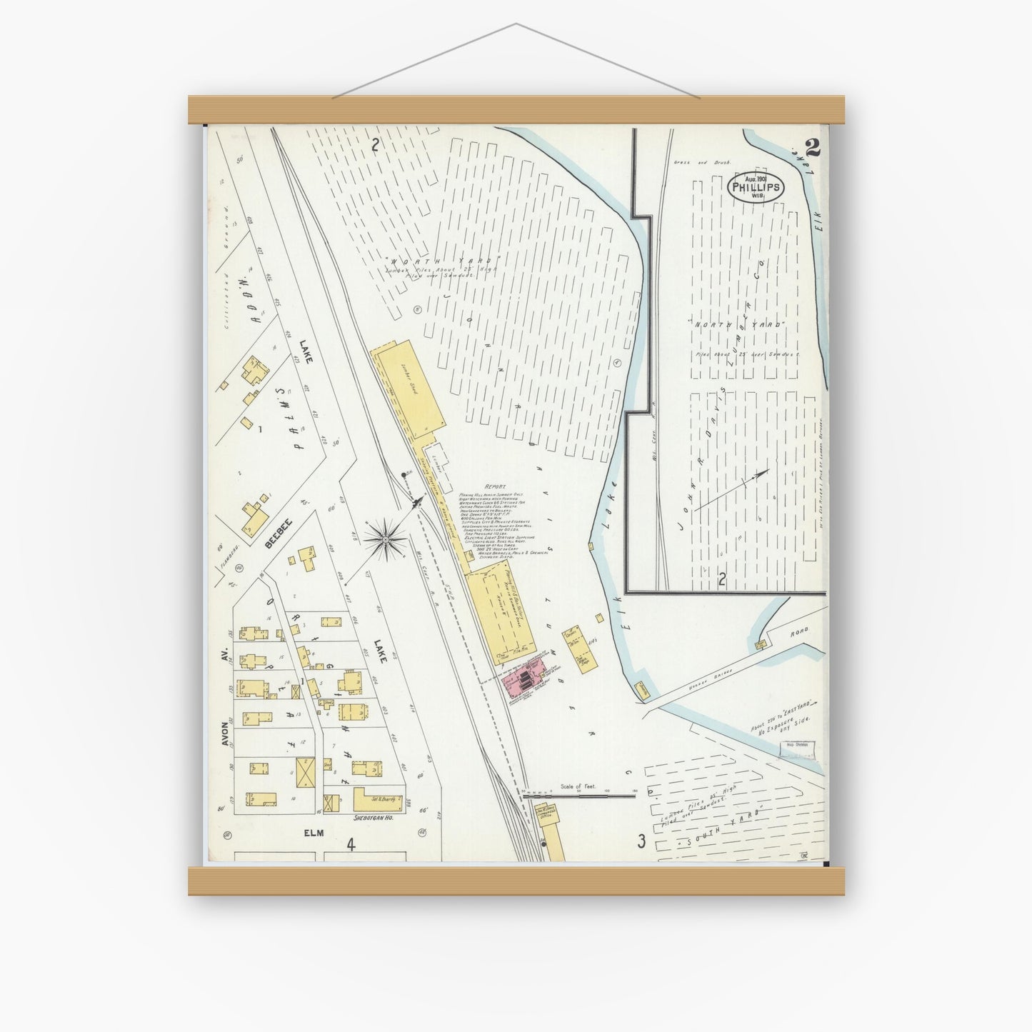 Old map wall art mockup — magnetic wood frame on white wall — Sanborn Fire Insurance Map from Phillips, Price County, Wisconsin (1901), Sheet #0002