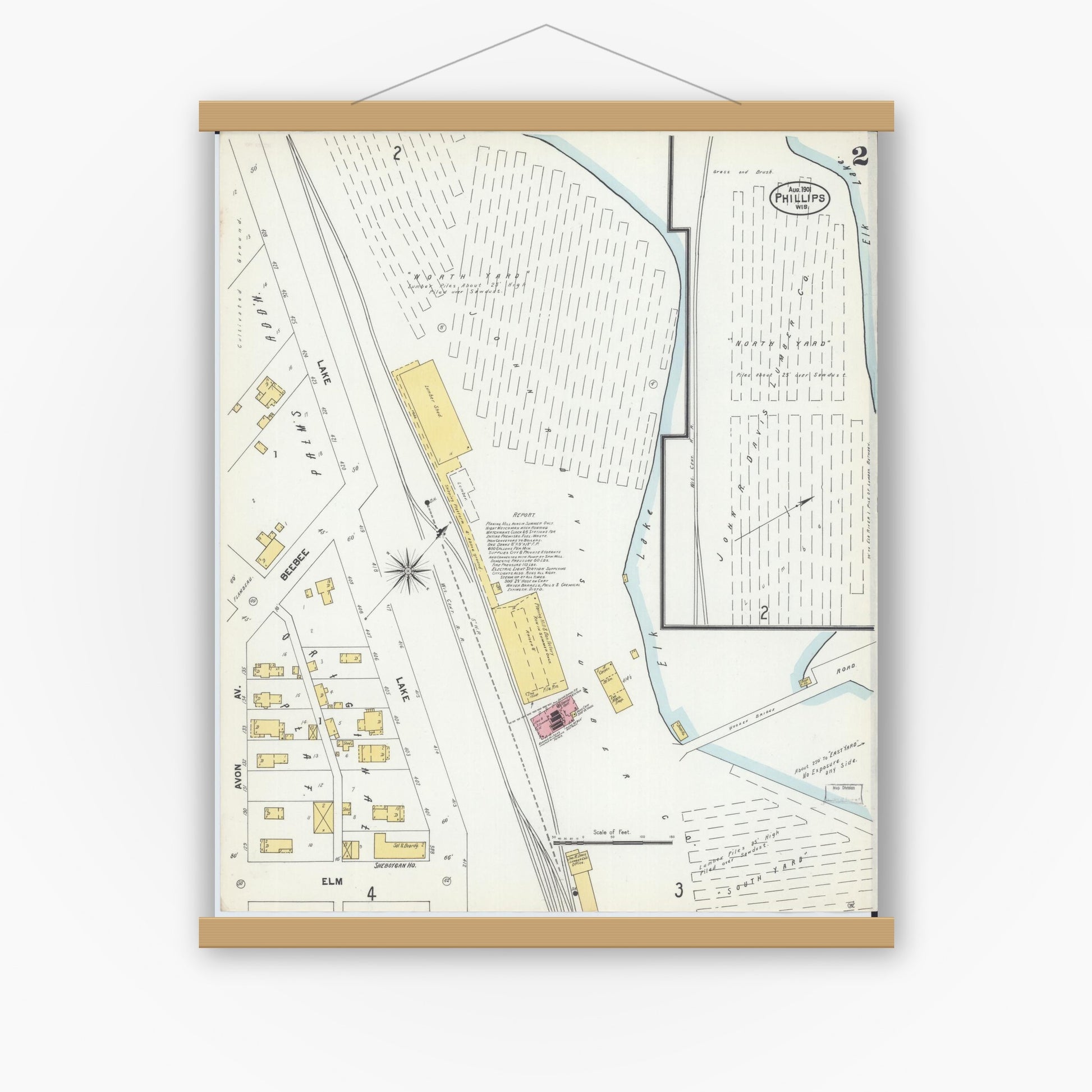 Old map wall art mockup — magnetic wood frame on white wall — Sanborn Fire Insurance Map from Phillips, Price County, Wisconsin (1901), Sheet #0002