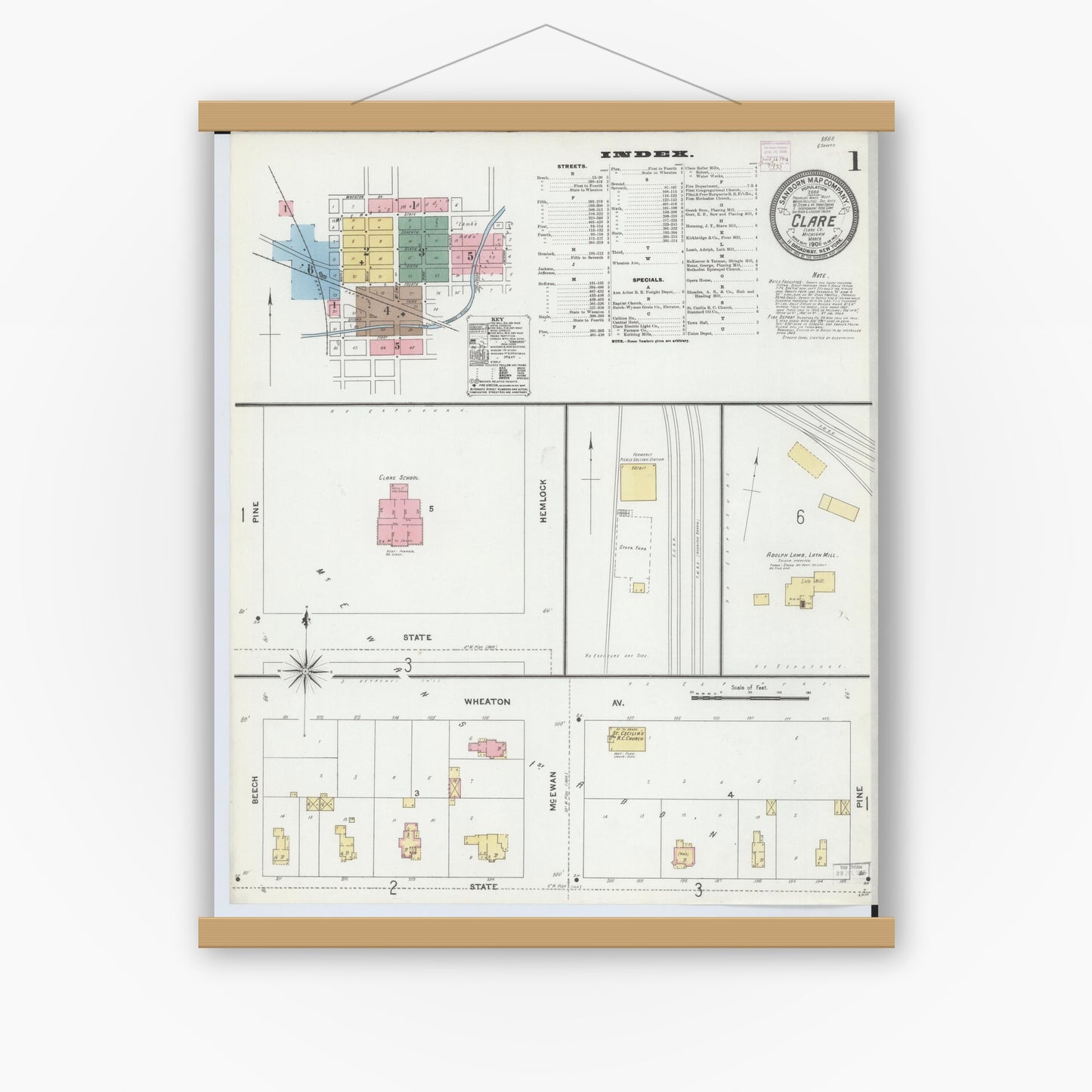 Old map wall art mockup — magnetic wood frame on white wall — Sanborn Fire Insurance Map from Clare, Clare County, Michigan (1906), Sheet #0001