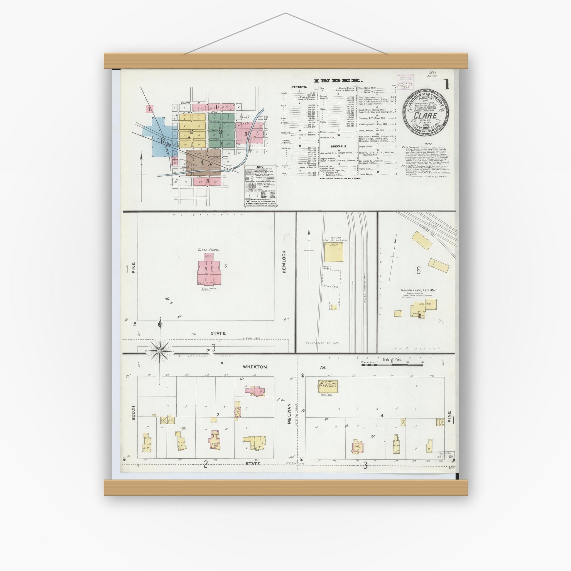 Old map wall art mockup — magnetic wood frame on white wall — Sanborn Fire Insurance Map from Clare, Clare County, Michigan (1906), Sheet #0001