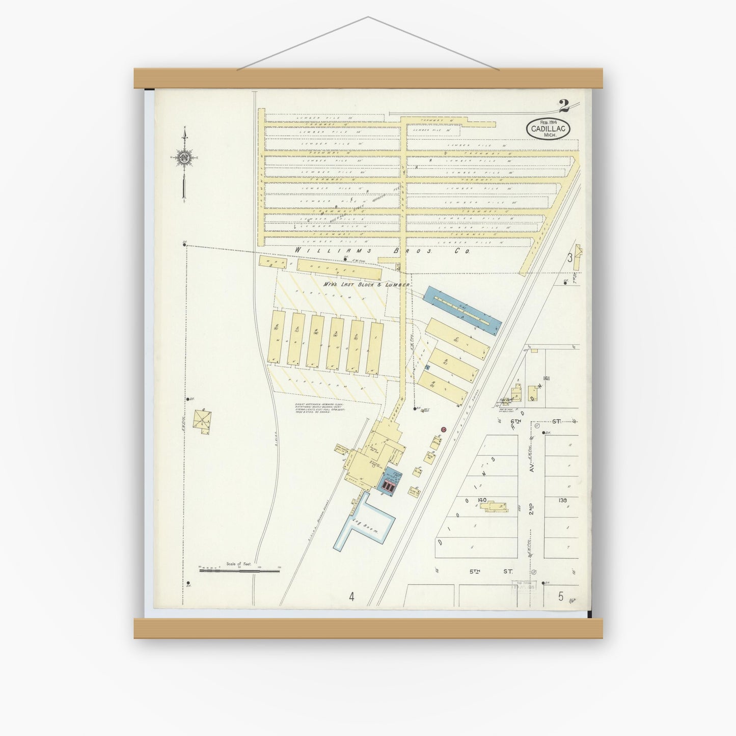 Old map wall art mockup — magnetic wood frame on white wall — Sanborn Fire Insurance Map from Cadillac, Wexford County, Michigan (1914), Sheet #0002