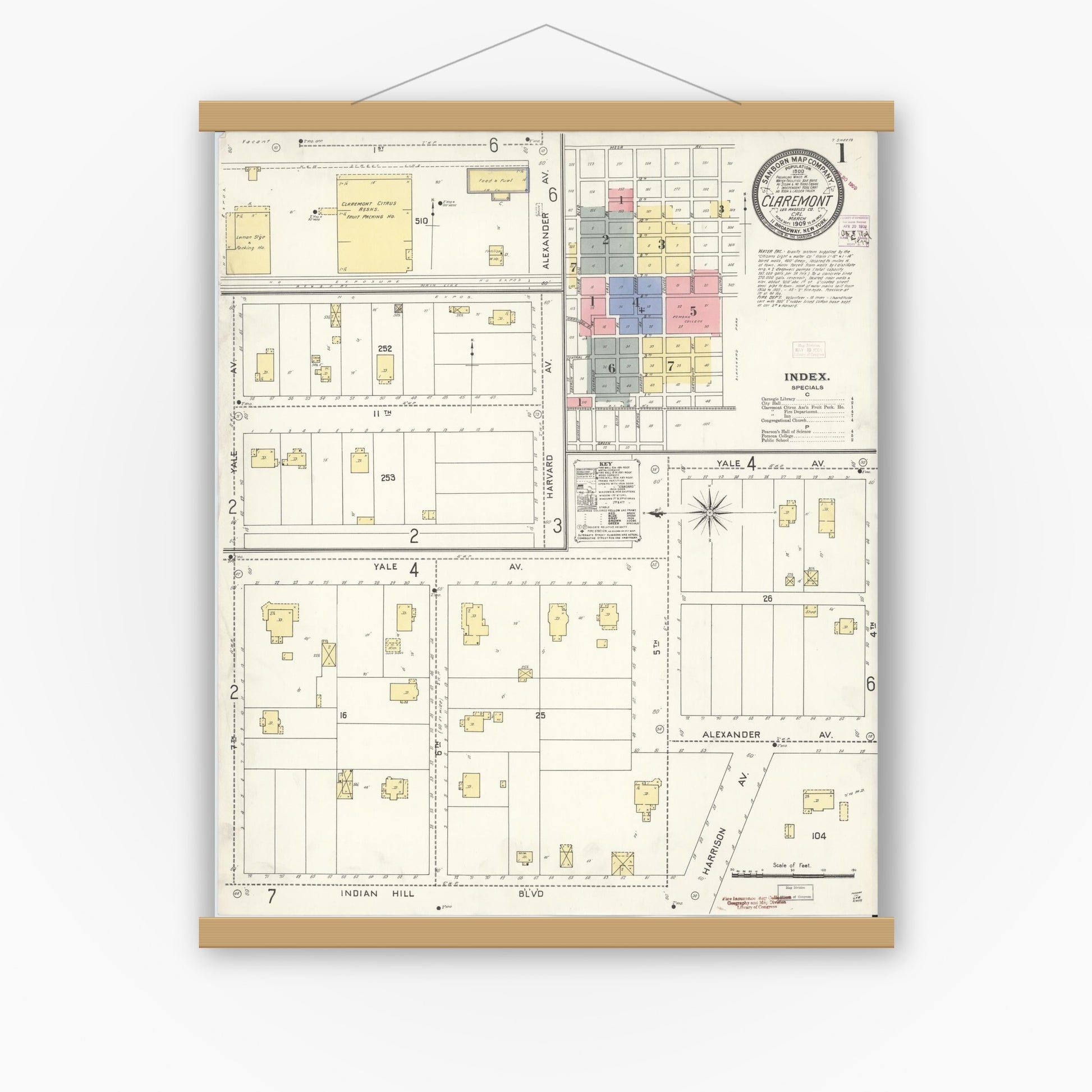 Old map wall art mockup — magnetic wood frame on white wall — Sanborn Fire Insurance Map from Claremont, Los Angeles County, California (1909) - Complete Map Set