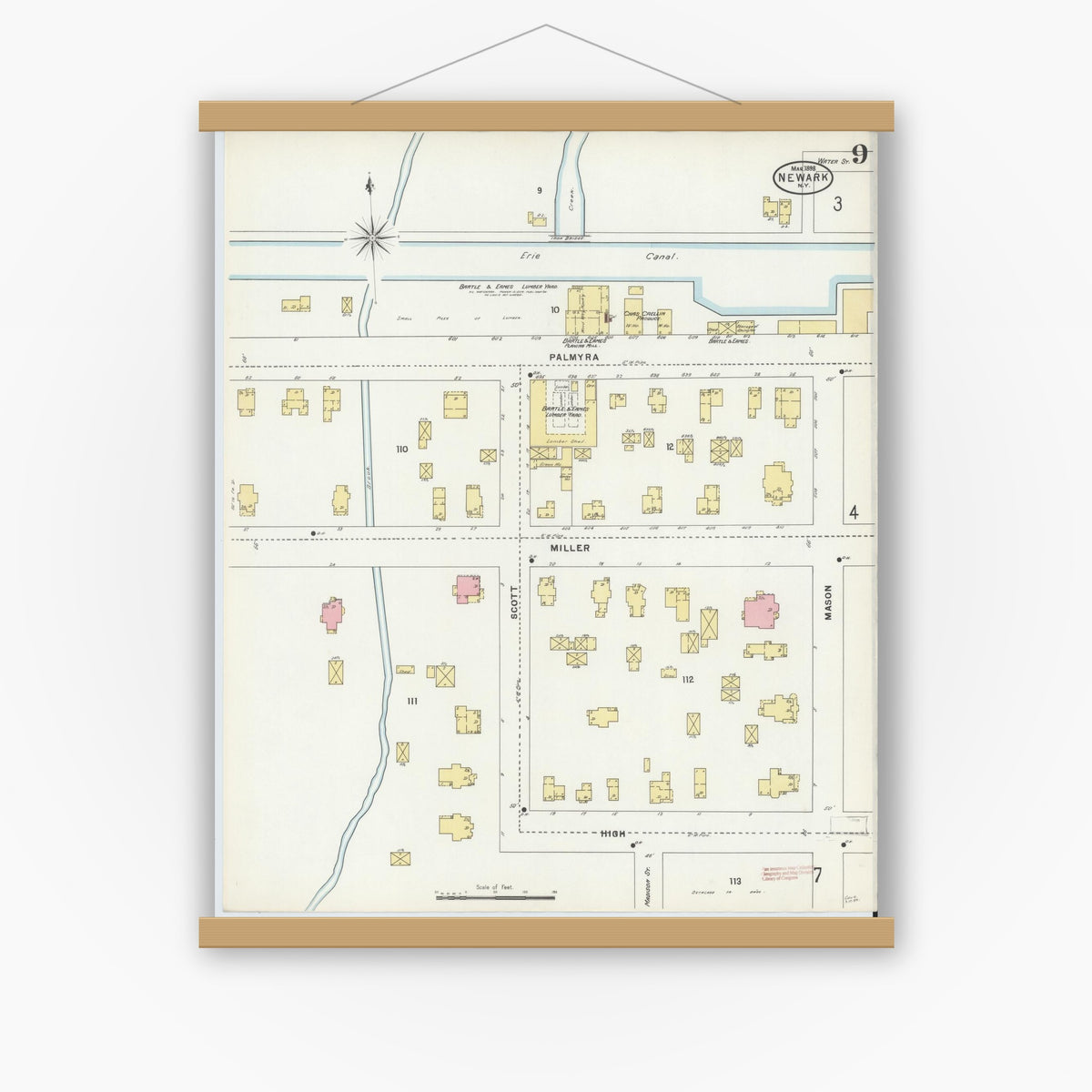Old map wall art mockup — magnetic wood frame on white wall — Sanborn Fire Insurance Map from Newark, Wayne County, New York (1898), Sheet #0009