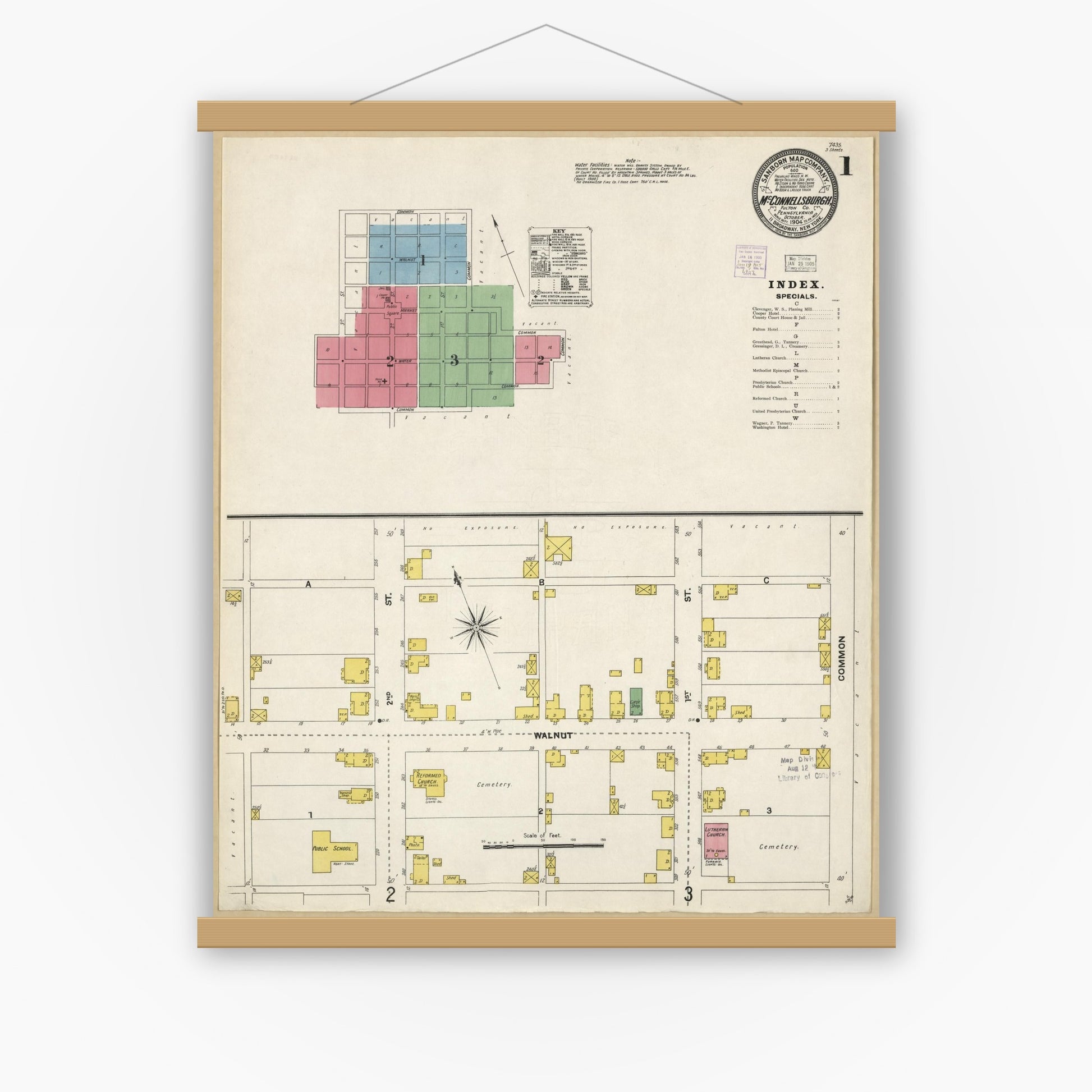 Old map wall art mockup — magnetic wood frame on white wall — Sanborn Fire Insurance Map from McConnellsburgh, Fulton County, Pennsylvania (1904), Sheet #0001