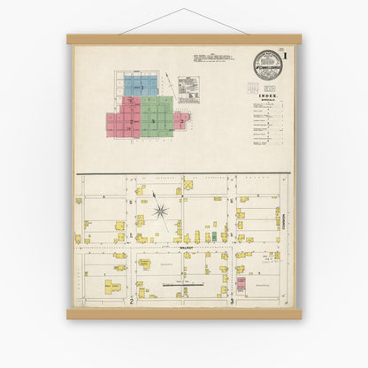 Old map wall art mockup — magnetic wood frame on white wall — Sanborn Fire Insurance Map from McConnellsburgh, Fulton County, Pennsylvania (1904), Sheet #0001