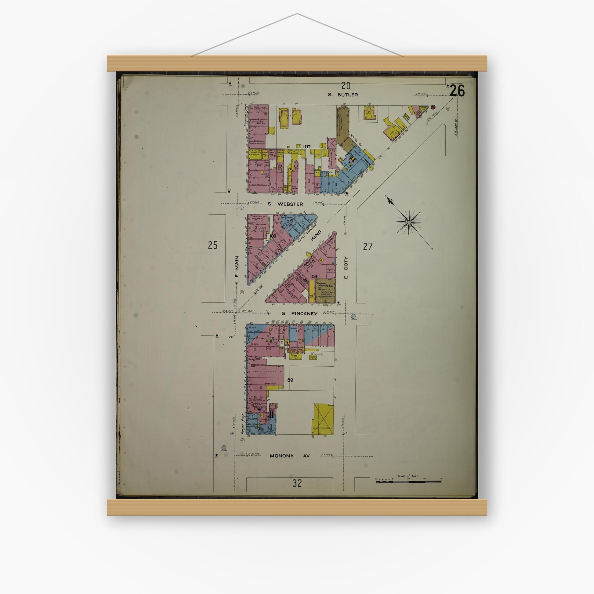 Old map wall art mockup — magnetic wood frame on white wall — Sanborn Fire Insurance Map from Madison, Dane County, Wisconsin (1908), Sheet #0026