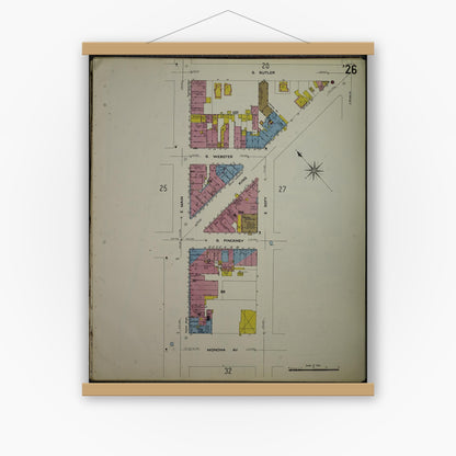 Old map wall art mockup — magnetic wood frame on white wall — Sanborn Fire Insurance Map from Madison, Dane County, Wisconsin (1908), Sheet #0026