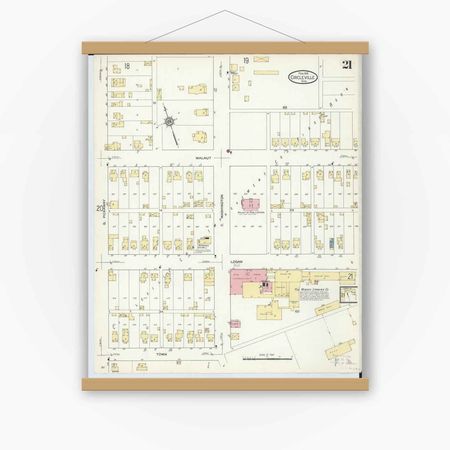 Old map wall art mockup — magnetic wood frame on white wall — Sanborn Fire Insurance Map from Circleville, Pickaway County, Ohio (1914), Sheet #0021