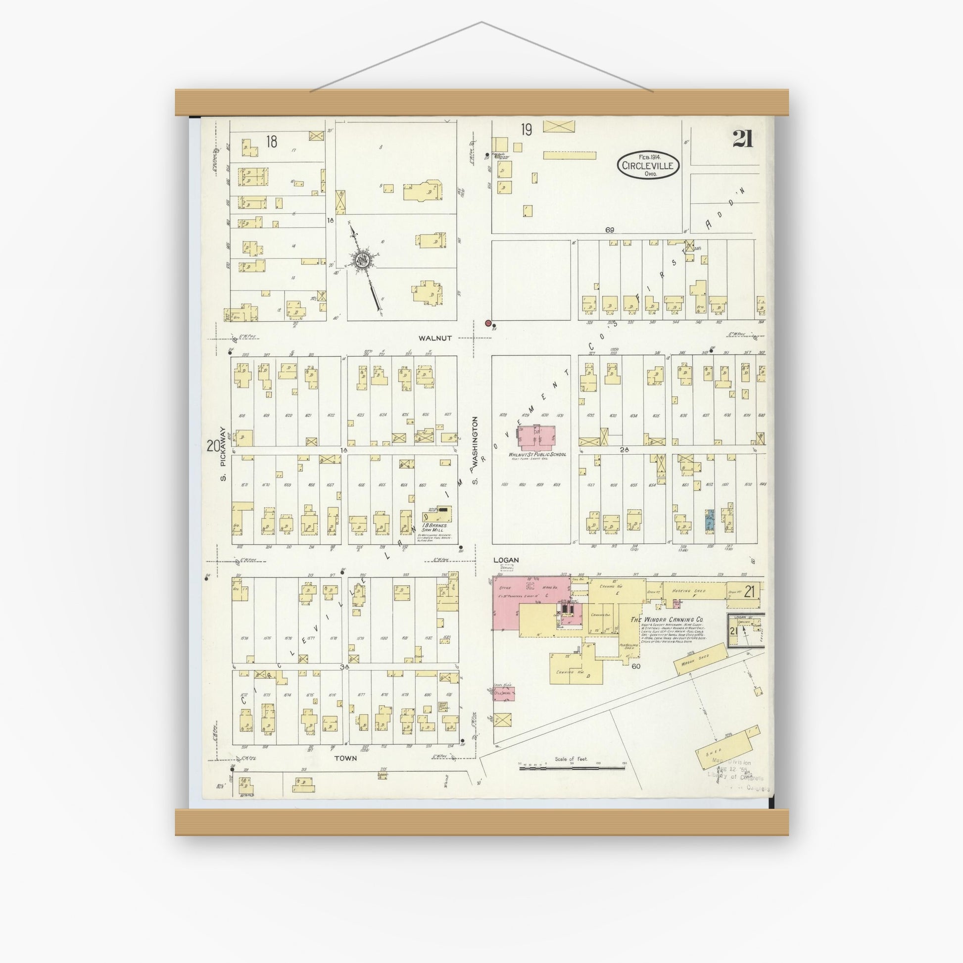 Old map wall art mockup — magnetic wood frame on white wall — Sanborn Fire Insurance Map from Circleville, Pickaway County, Ohio (1914), Sheet #0021