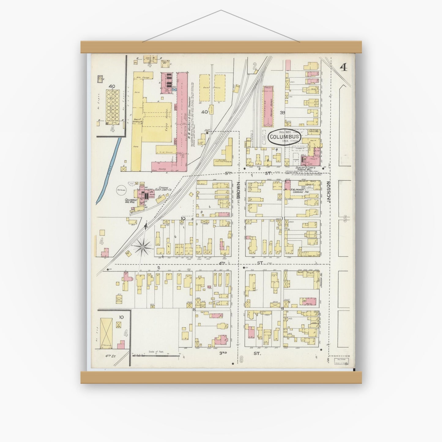 Old map wall art mockup — magnetic wood frame on white wall — Sanborn Fire Insurance Map from Columbus, Bartholomew County, Indiana (1892), Sheet #0004