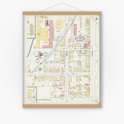 Old map wall art mockup — magnetic wood frame on white wall — Sanborn Fire Insurance Map from Columbus, Bartholomew County, Indiana (1892), Sheet #0004