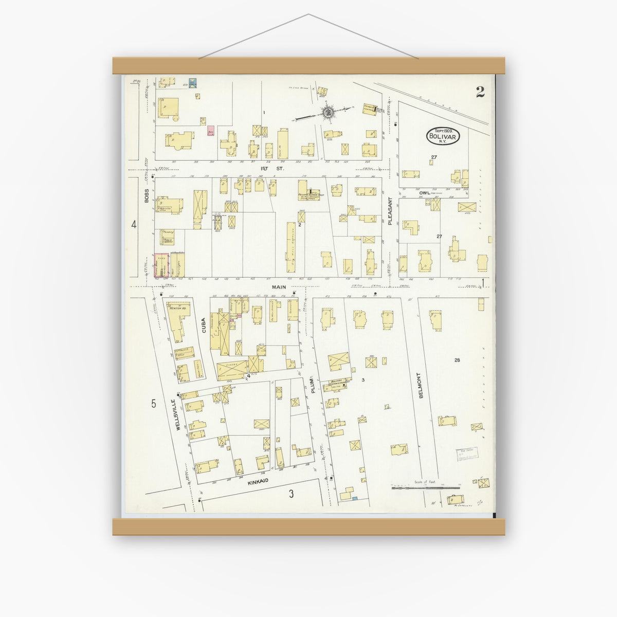 Old map wall art mockup — magnetic wood frame on white wall — Sanborn Fire Insurance Map from Bolivar, Allegany County, New York (1909), Sheet #0002