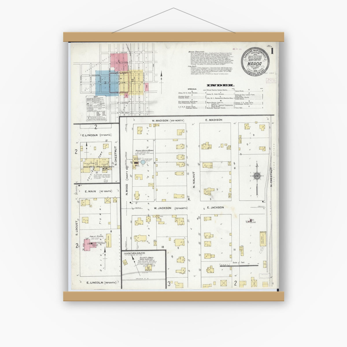 Old map wall art mockup — magnetic wood frame on white wall — Sanborn Fire Insurance Map from Maroa, Macon County, Illinois (1910) - Complete Map Set