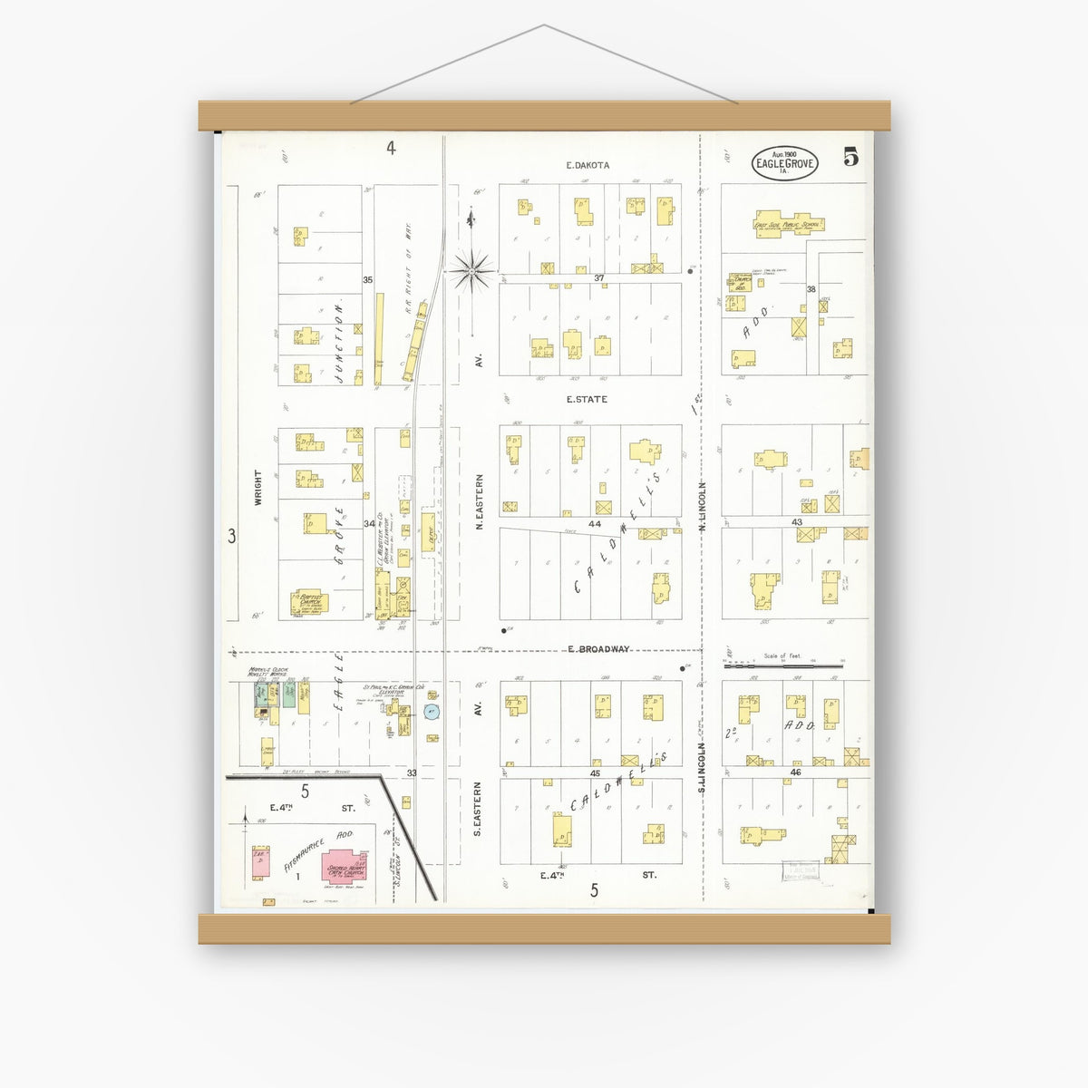 Old map wall art mockup — magnetic wood frame on white wall — Sanborn Fire Insurance Map from Eagle Grove, Wright County, Iowa (1900), Sheet #0005