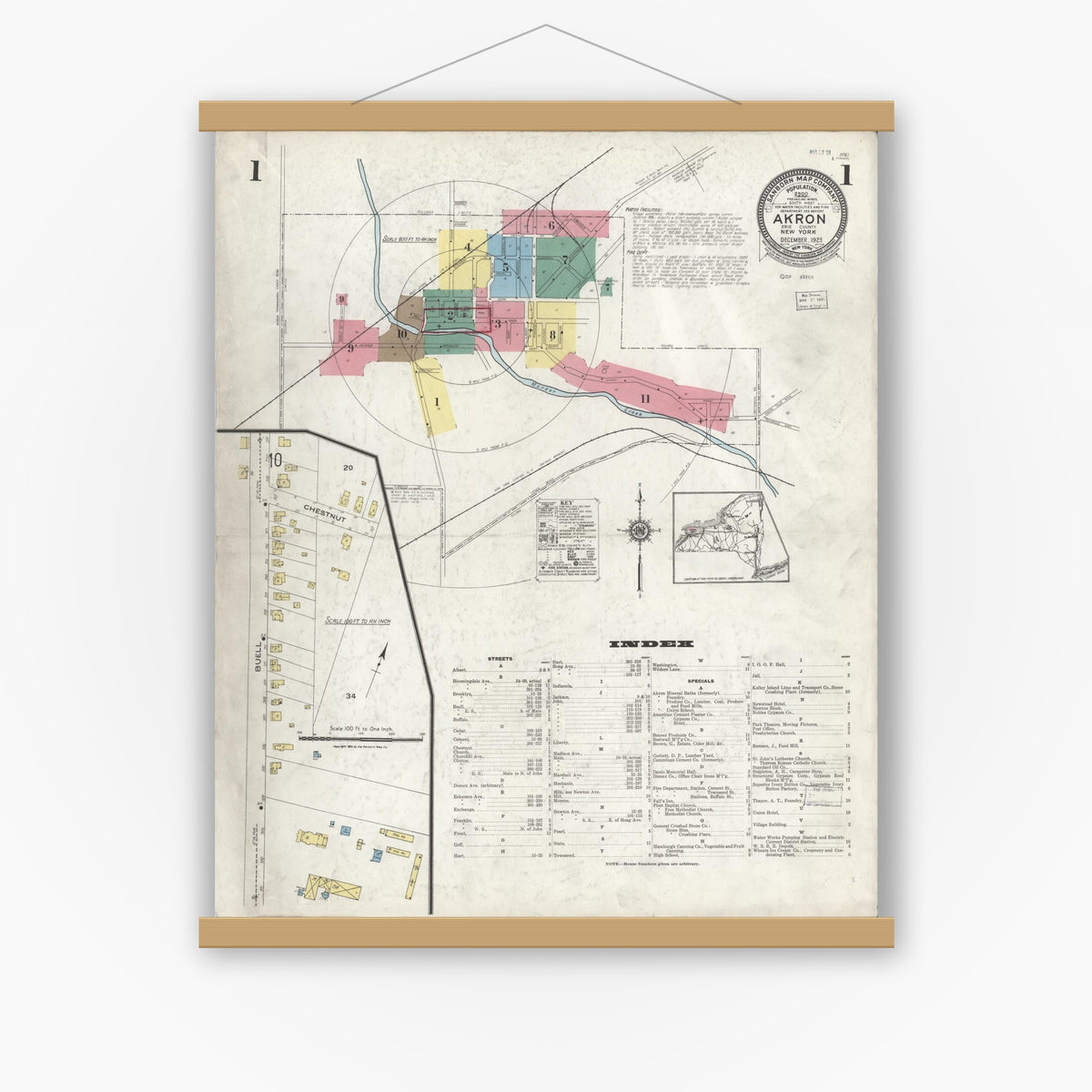 Old map wall art mockup — magnetic wood frame on white wall — Sanborn Fire Insurance Map from Akron, Erie County, New York (1923) - Complete Map Set