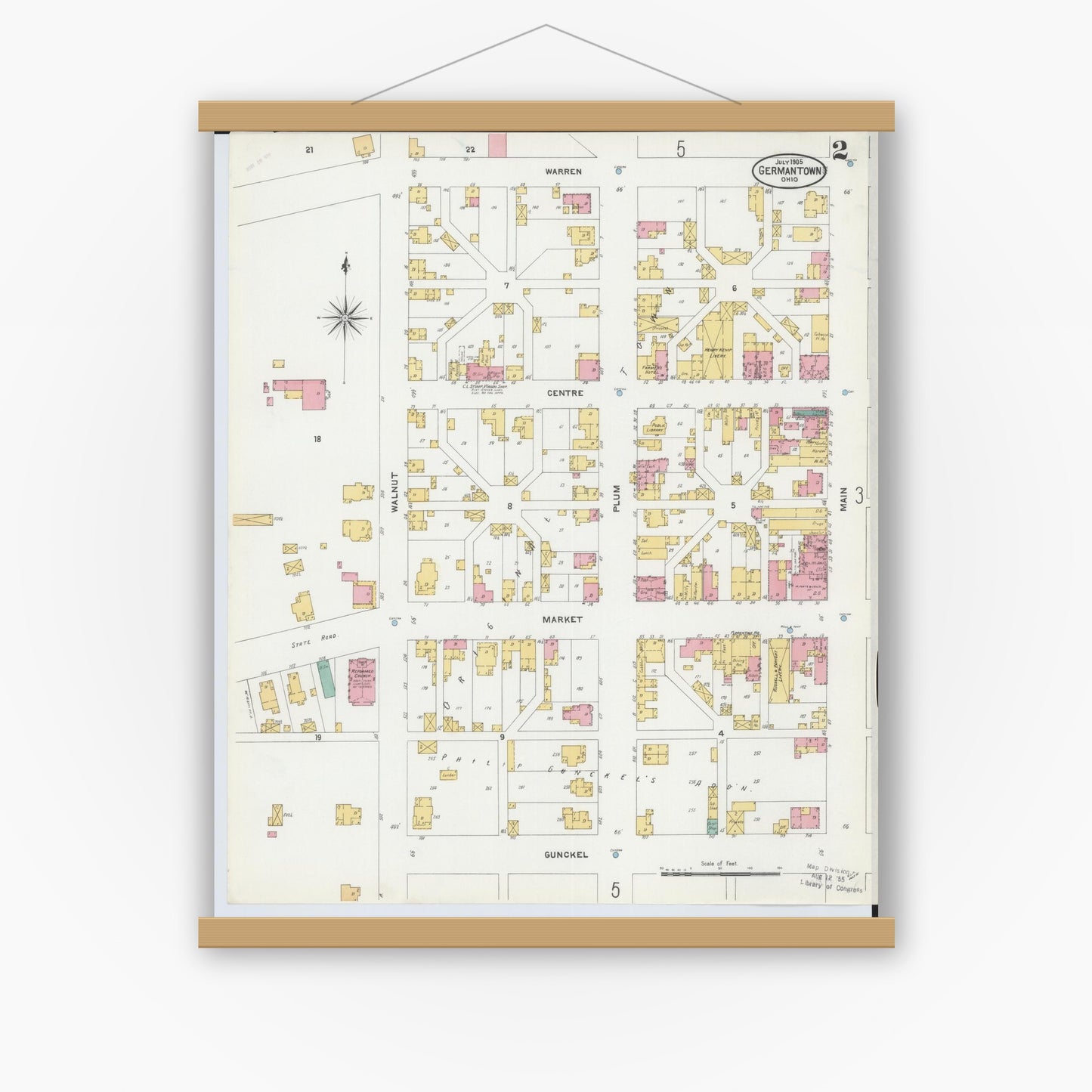 Old map wall art mockup — magnetic wood frame on white wall — Sanborn Fire Insurance Map from Germantown, Montgomery County, Ohio (1905), Sheet #0002