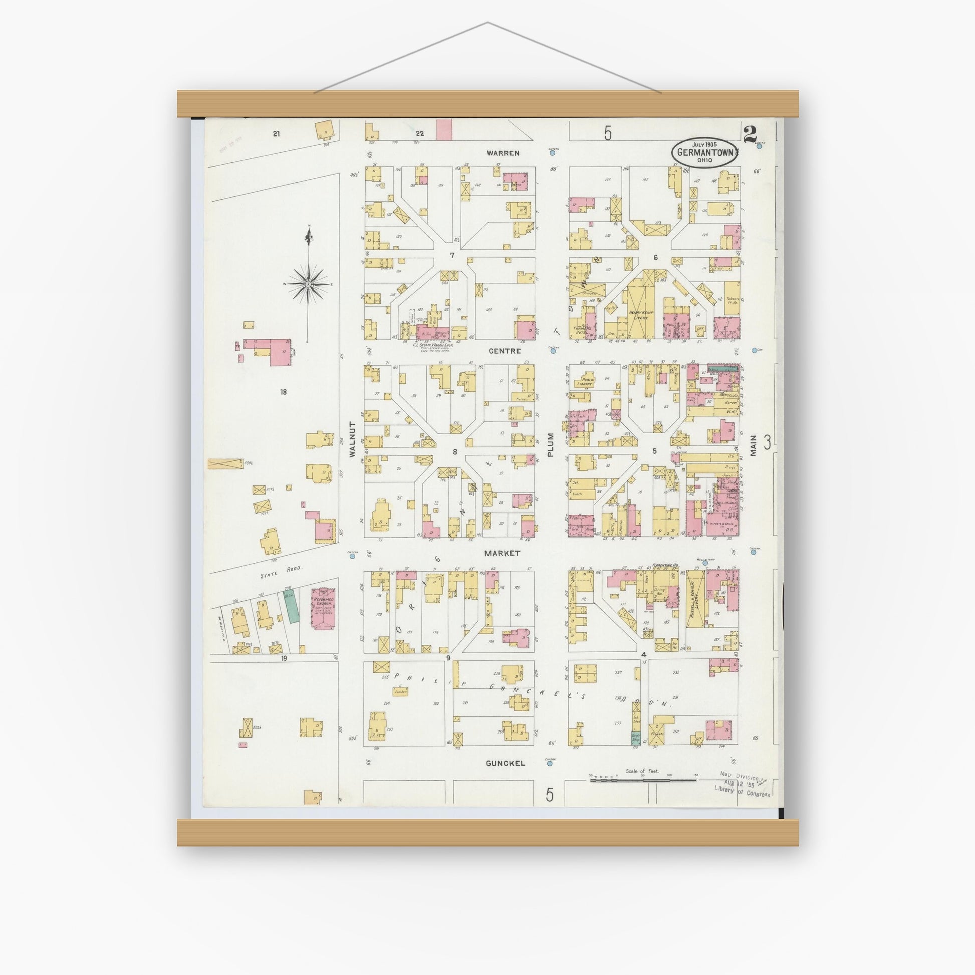 Old map wall art mockup — magnetic wood frame on white wall — Sanborn Fire Insurance Map from Germantown, Montgomery County, Ohio (1905), Sheet #0002