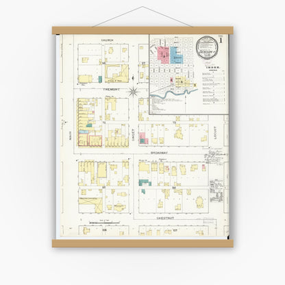 Old map wall art mockup — magnetic wood frame on white wall — Sanborn Fire Insurance Map from Denison, Crawford County, Iowa (1893), Sheet #0001