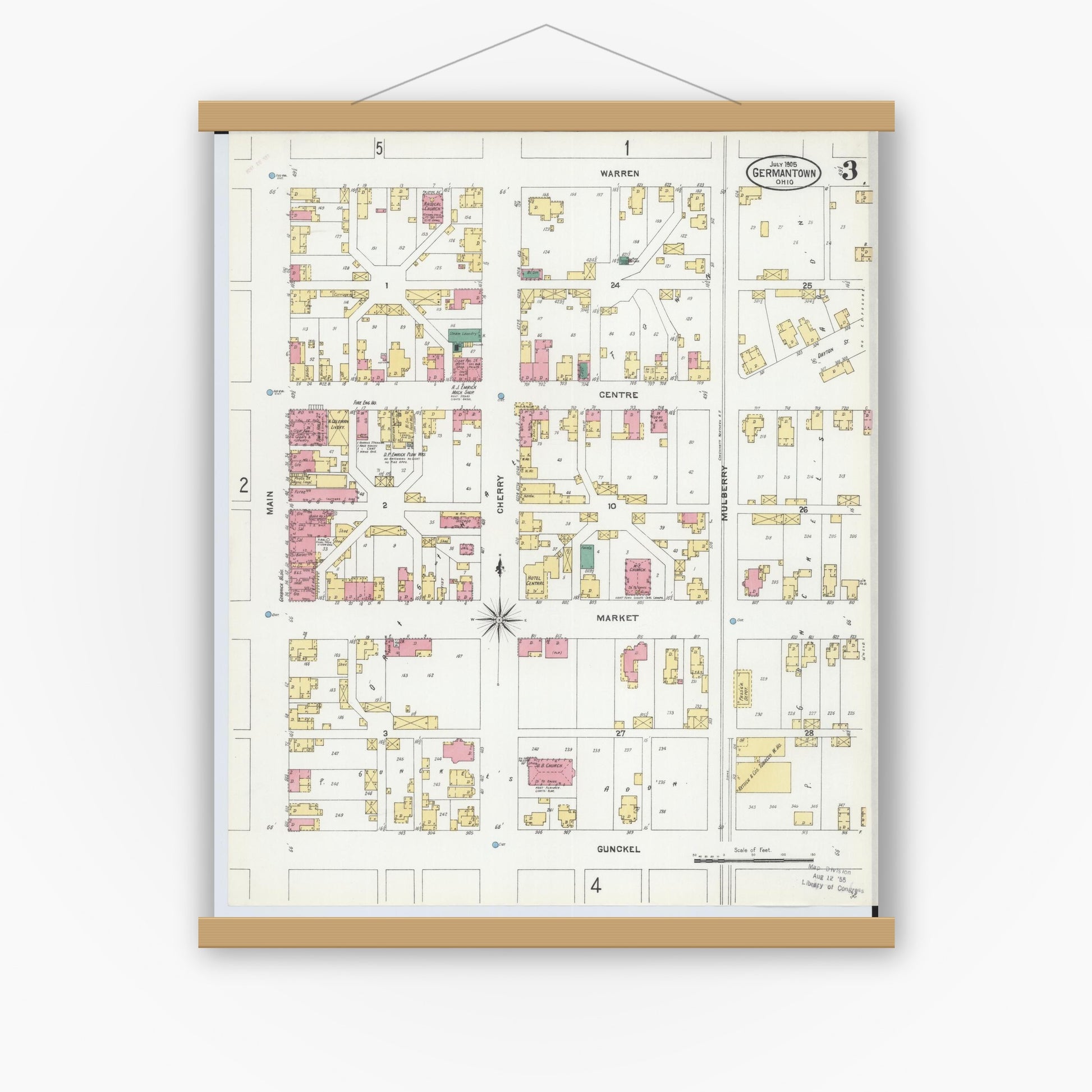 Old map wall art mockup — magnetic wood frame on white wall — Sanborn Fire Insurance Map from Germantown, Montgomery County, Ohio (1905), Sheet #0003