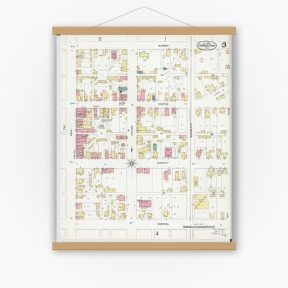 Old map wall art mockup — magnetic wood frame on white wall — Sanborn Fire Insurance Map from Germantown, Montgomery County, Ohio (1905), Sheet #0003