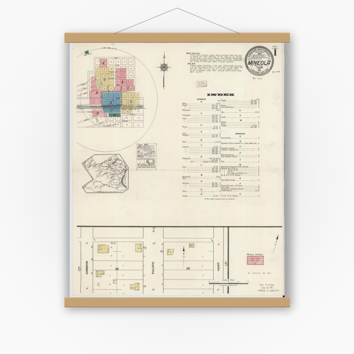 Old map wall art mockup — magnetic wood frame on white wall — Sanborn Fire Insurance Map from Mineola, Wood County, Texas (1921), Sheet #0001