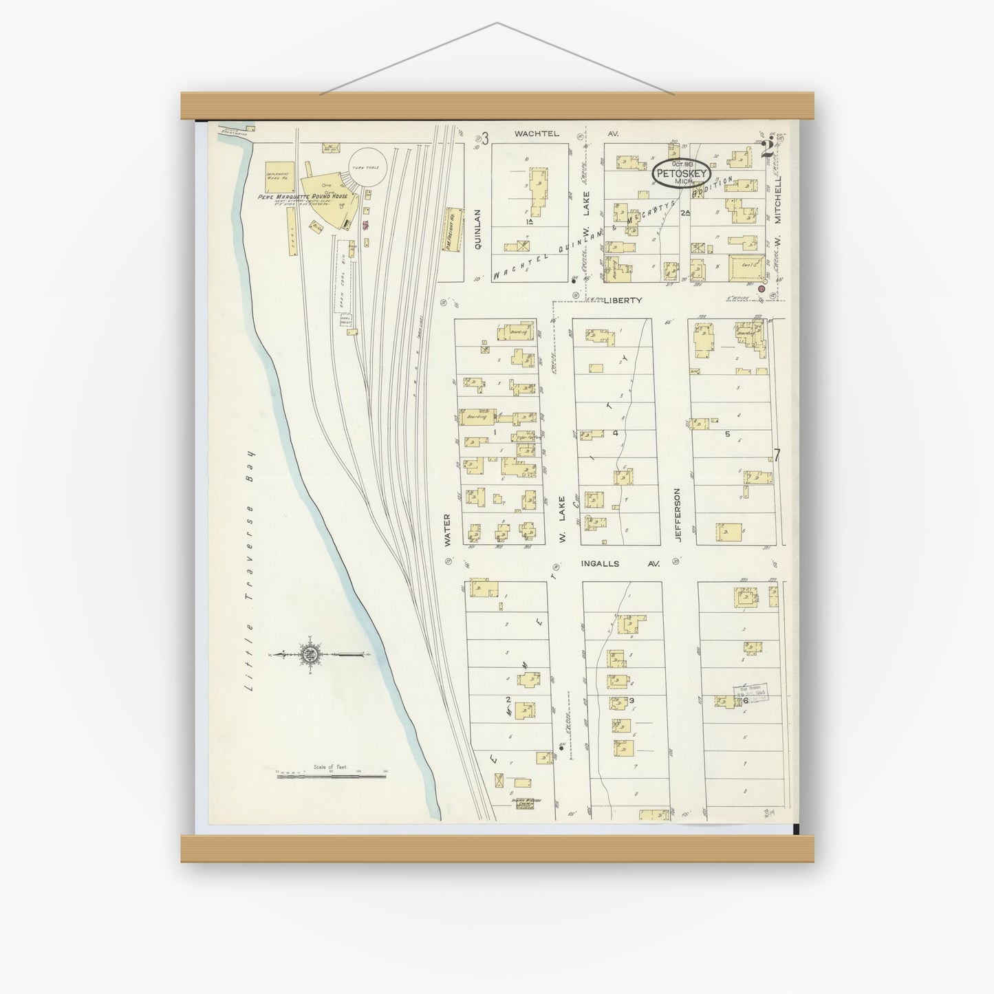 Old map wall art mockup — magnetic wood frame on white wall — Sanborn Fire Insurance Map from Petoskey, Emmet County, Michigan (1913), Sheet #0002