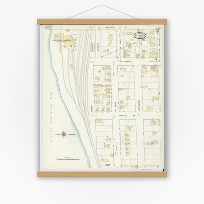 Old map wall art mockup — magnetic wood frame on white wall — Sanborn Fire Insurance Map from Petoskey, Emmet County, Michigan (1913), Sheet #0002