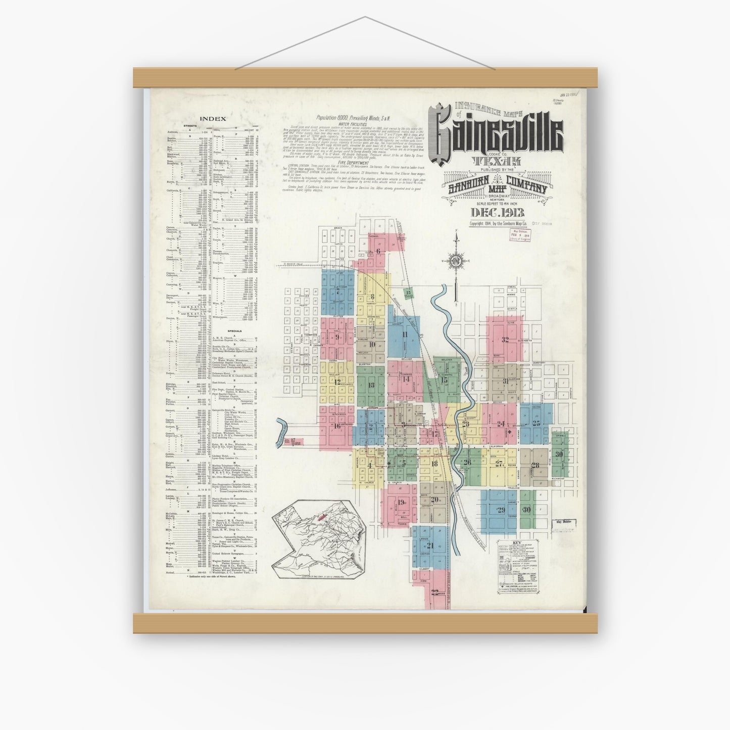 Old map wall art mockup — magnetic wood frame on white wall — Sanborn Fire Insurance Map from Gainesville, Cooke County, Texas (1913) - Complete Map Set