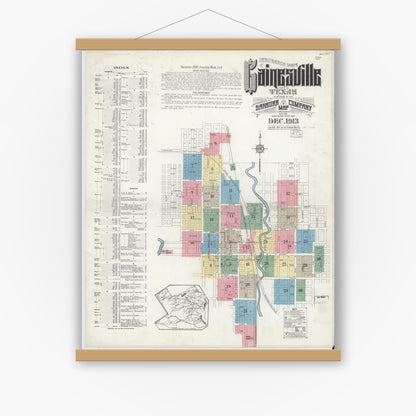 Old map wall art mockup — magnetic wood frame on white wall — Sanborn Fire Insurance Map from Gainesville, Cooke County, Texas (1913) - Complete Map Set