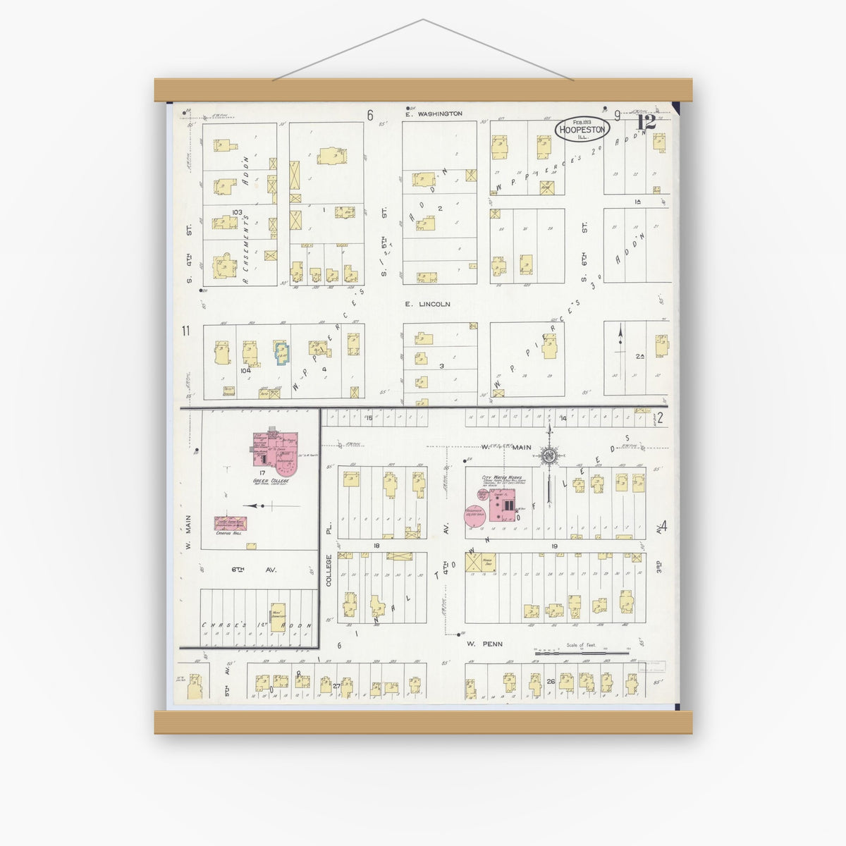 Old map wall art mockup — magnetic wood frame on white wall — Sanborn Fire Insurance Map from Hoopeston, Vermilion County, Illinois (1913), Sheet #0012