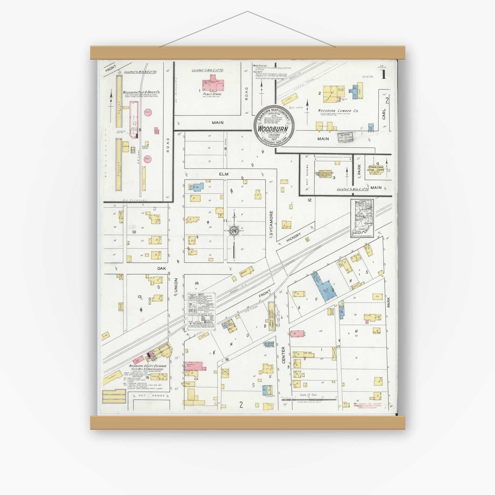 Old map wall art mockup — magnetic wood frame on white wall — Sanborn Fire Insurance Map from Woodburn, Allen County, Indiana (1917) - Complete Map Set