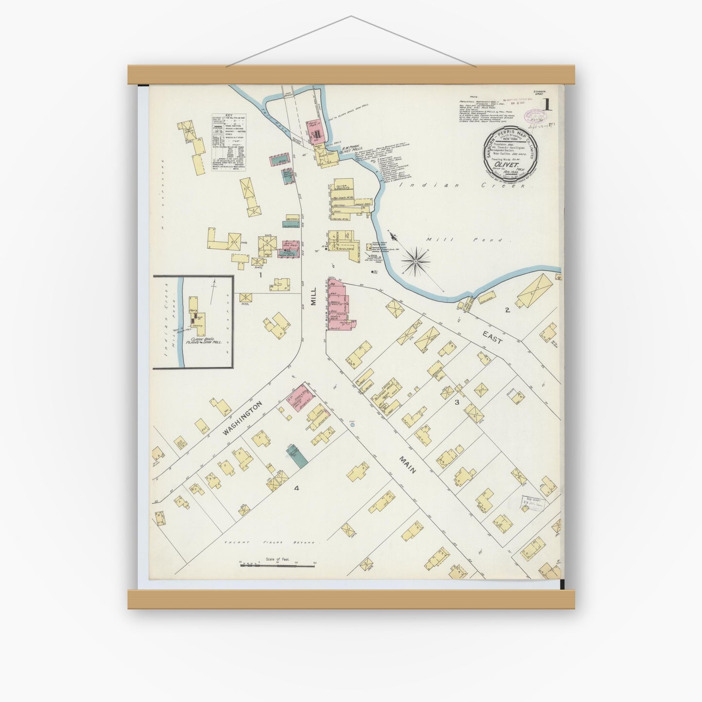 Old map wall art mockup — magnetic wood frame on white wall — Sanborn Fire Insurance Map from Olivet, Eaton County, Michigan (1893) - Complete Map Set